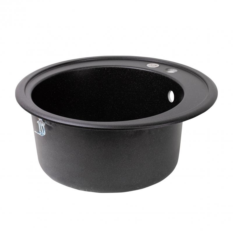 Раковина на кухню зі штучного каміння кругла LIDZ D510/200 505мм x 505мм чорний із сифоном LIDZBLM14D510200