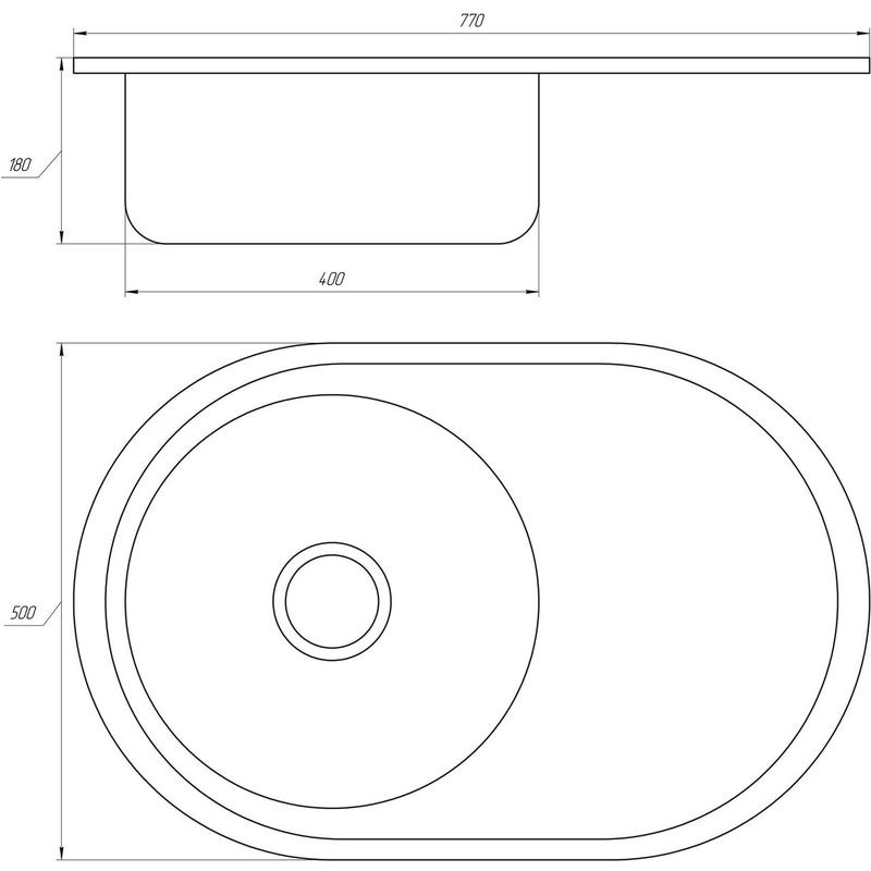 Кухонна мийка із нержавіючої сталі овальна MIRA 770x500мм матова 0.6мм із сифоном 000001154