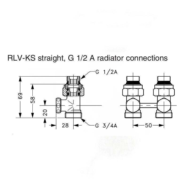 Вузол нижнього підключення радіатора DANFOSS RLV-KS кутовий 1/2"x3/4" з американкою 003L0222