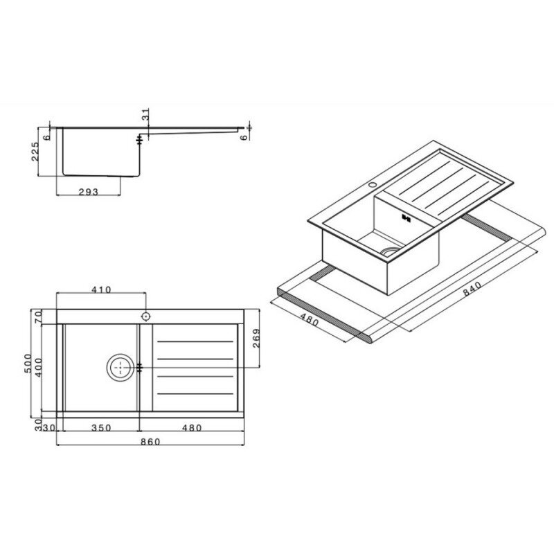 Кухонная мойка стальная прямоугольная APELL 860мм x 500мм матовая 1мм с сифоном SQ861IRSC