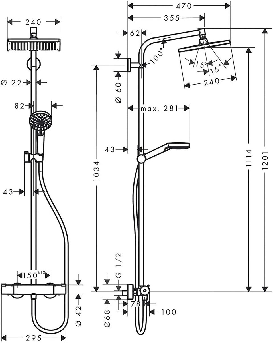 Душова система із термостатом HANSGROHE Crometta E240 із верхнім душем латунна хром 27271000
