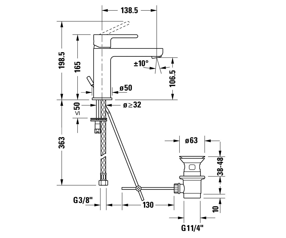 Змішувач для умивальника одноважільний DURAVIT B.2 хром латунь з донним клапаном B21020001010