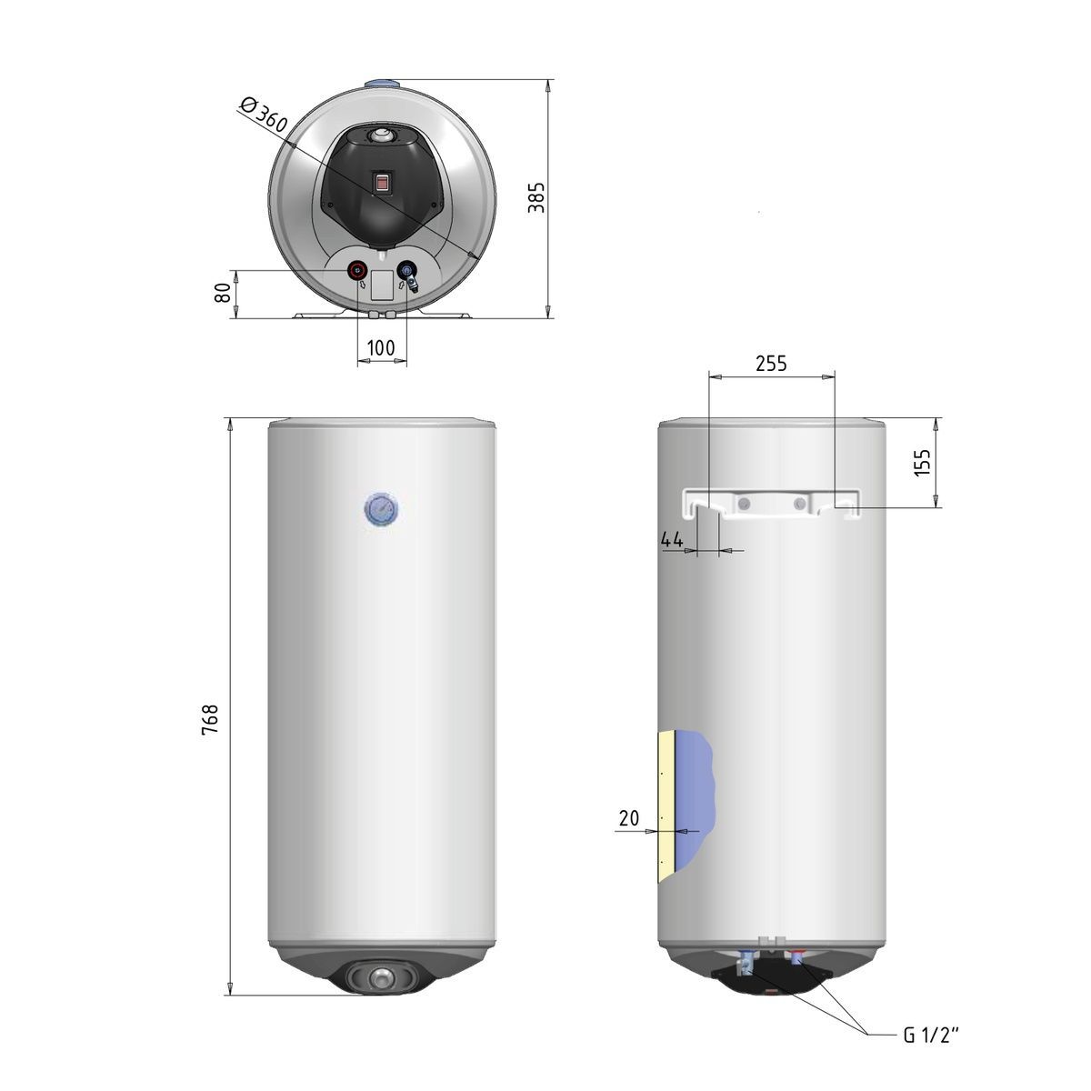 Бойлер електричний вертикальний 50л THERMO ALLIANCE Spectra мокрий тен 1.5кВт 768x360x385мм SV0503615WS