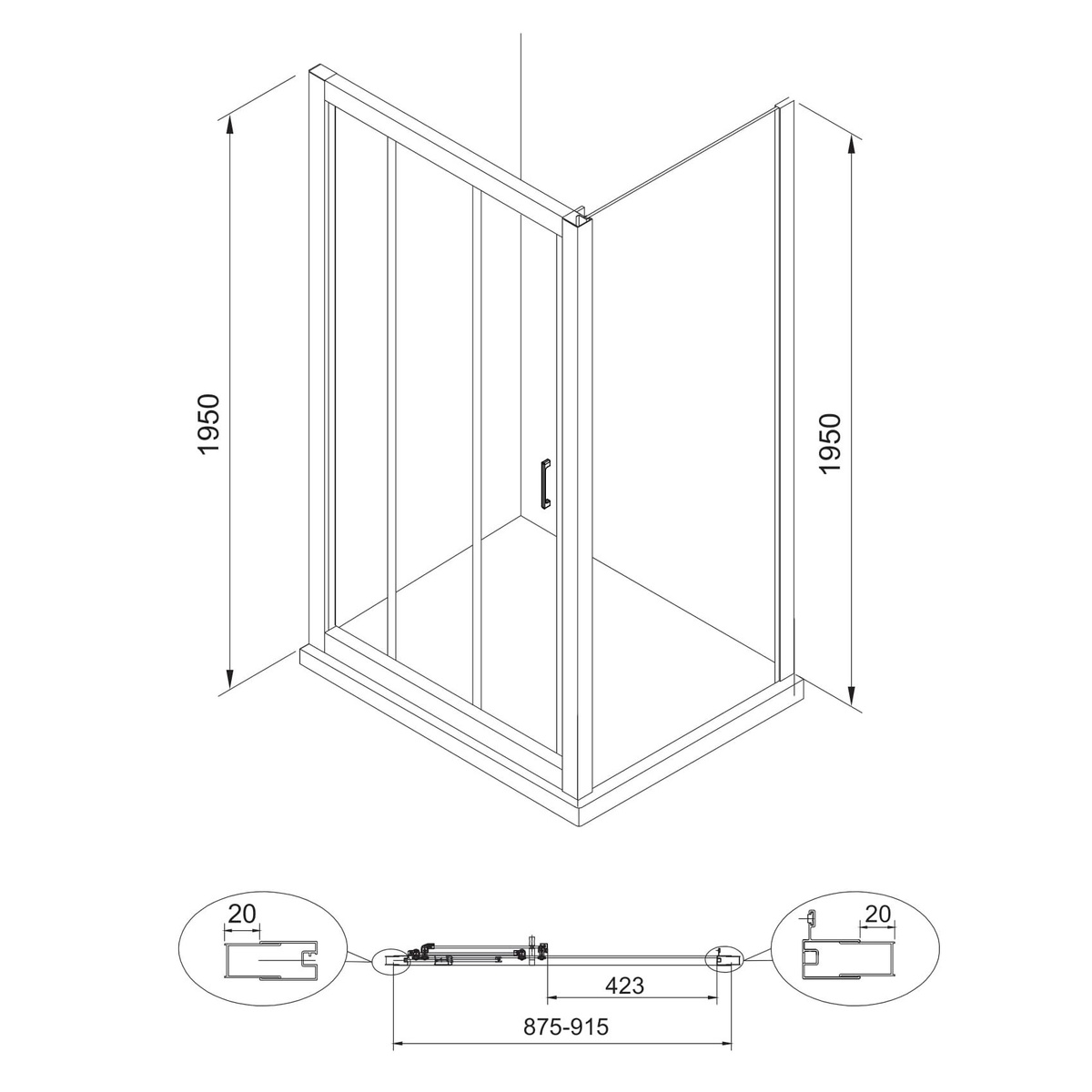 Дверь стеклянная для душевой ниши раздвижная трехсекционная EGER LEXO 91.5x195см прозрачное стекло 6мм профиль хром 599-809/1