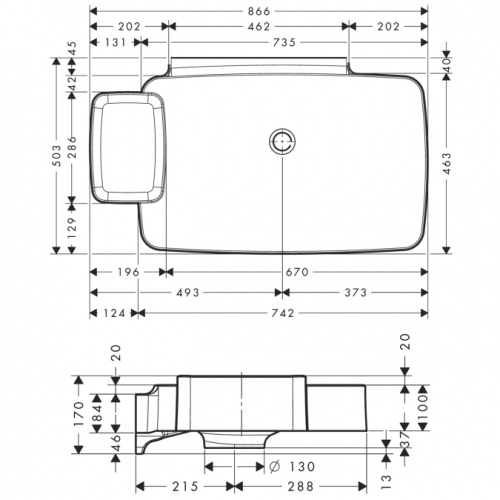 Раковина подвесная в ванную 866мм x 503мм HANSGROHE AXOR BOUROULLEC белый прямоугольная 19946000