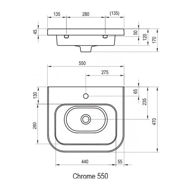 Умивальник підвісний RAVAK CHROME 550x470x170мм прямокутний білий XJG01155000