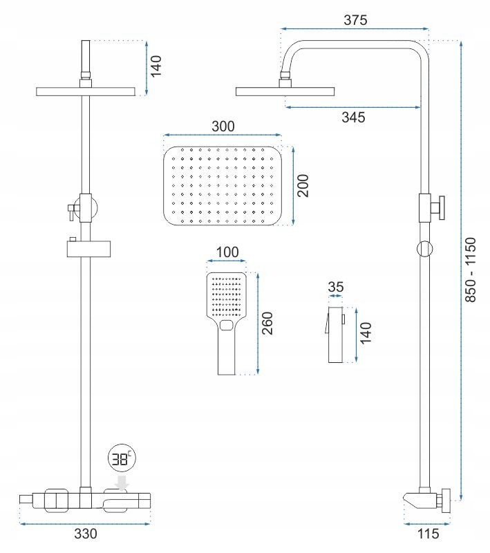 Душова система із термостатом REA ROB із верхнім душем та виливом латунна хром REA-P6626