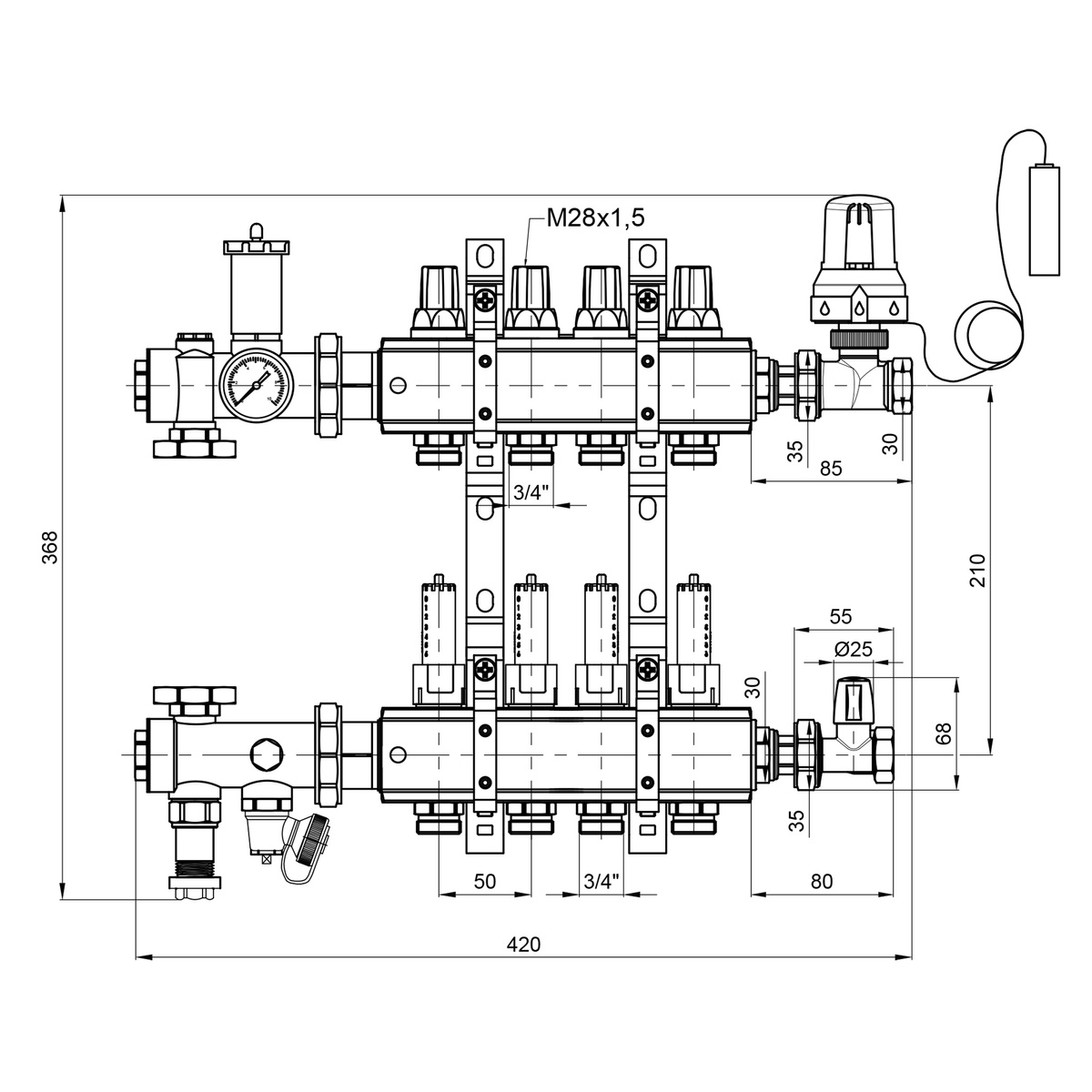 Колектор для теплої підлоги ICMA 4 контури з витратомірами 3/4"/3/4" A3K013 A3K013APJ06