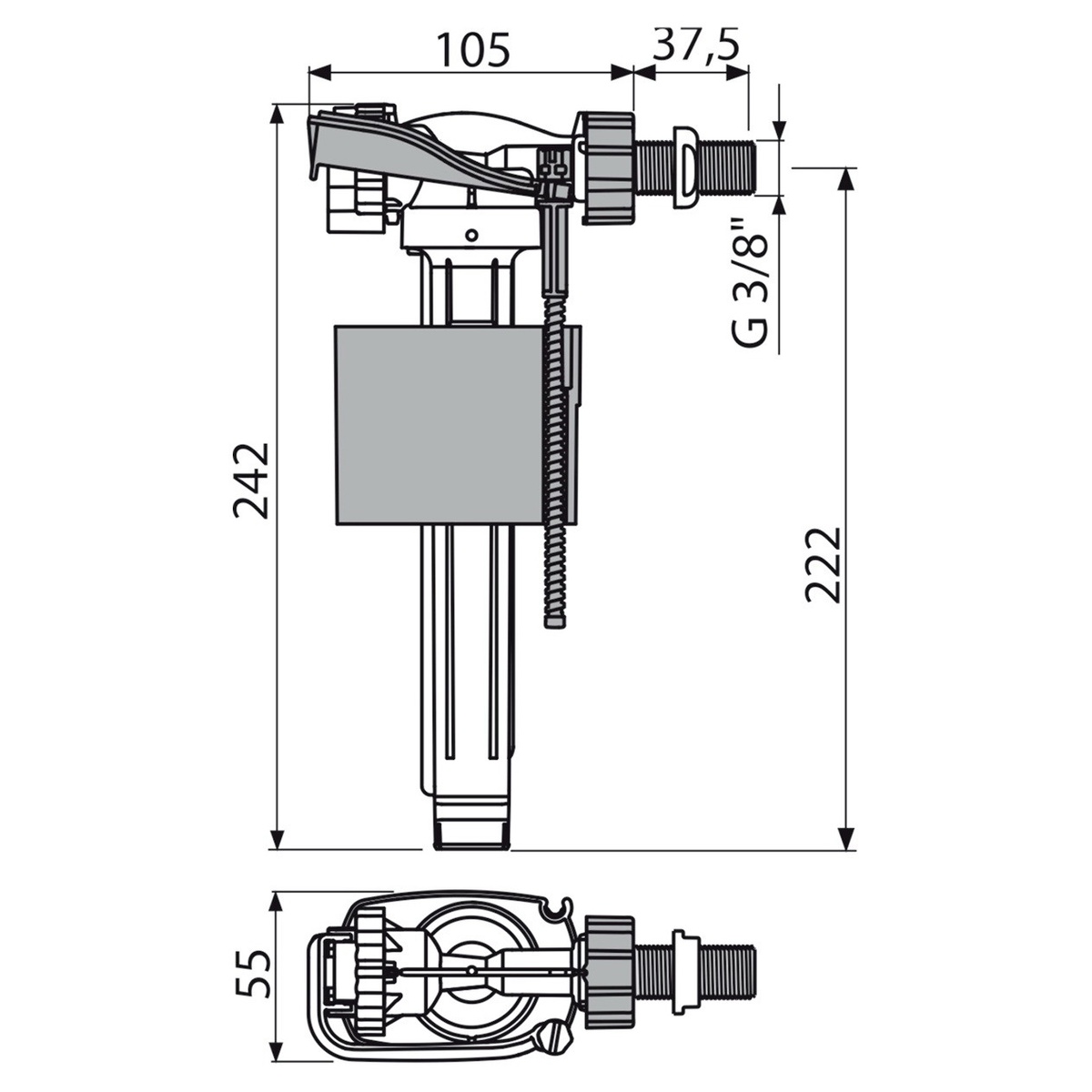 Впускной механизм для бачка унитаза ALCAPLAST подключение 3/8" боковой подвод воды A160-3/8"