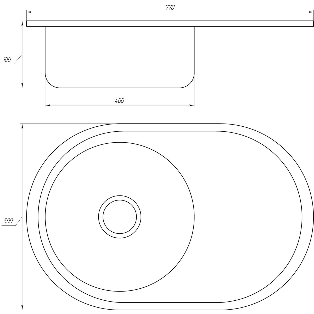 Кухонная мойка металлическая овальная MIRA 500мм x 770мм глянцевая 0.8мм с сифоном 000014455