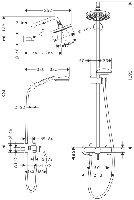 Душевая система HANSGROHE CROMA 100 Showerpipe с верхним душем латунная хром 27154000