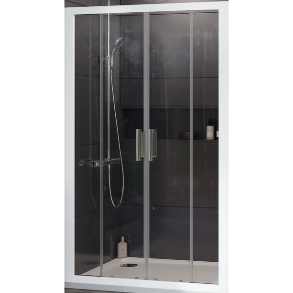 Двері для душової ніші RAVAK 10° DP4-120 скляні універсальні розсувні чотирисекційні 190x120см прозорі 6мм профіль білий 0ZKG0100Z1