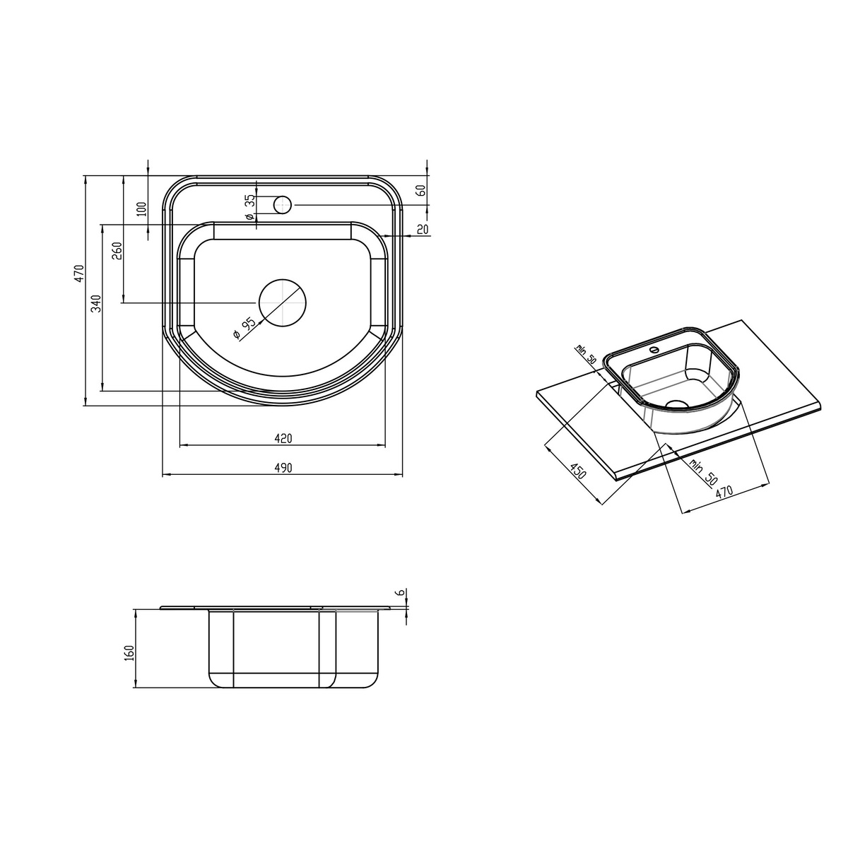 Мийка для кухні із нержавіючої сталі прямокутна LIDZ 490x470x160мм матова 0.8мм із сифоном LIDZ4749SAT