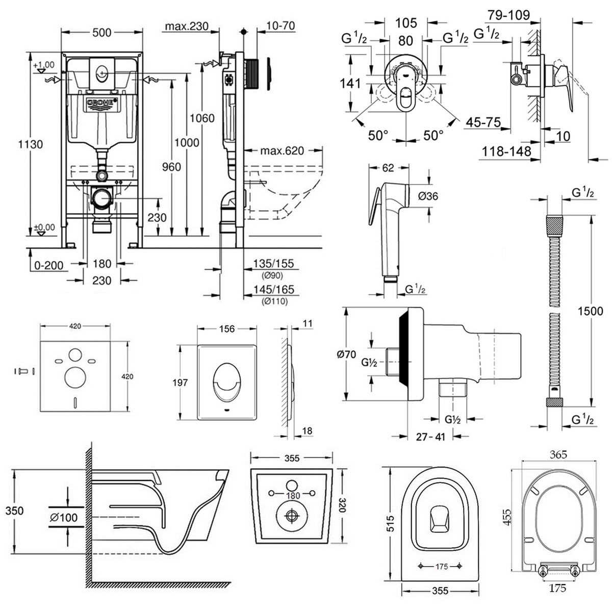 Комплект инсталляции GROHE Rapid SL кнопка белая безободковый унитаз Q-TAP с крышкой микролифт дюропласт 38722001QT16335178W111042