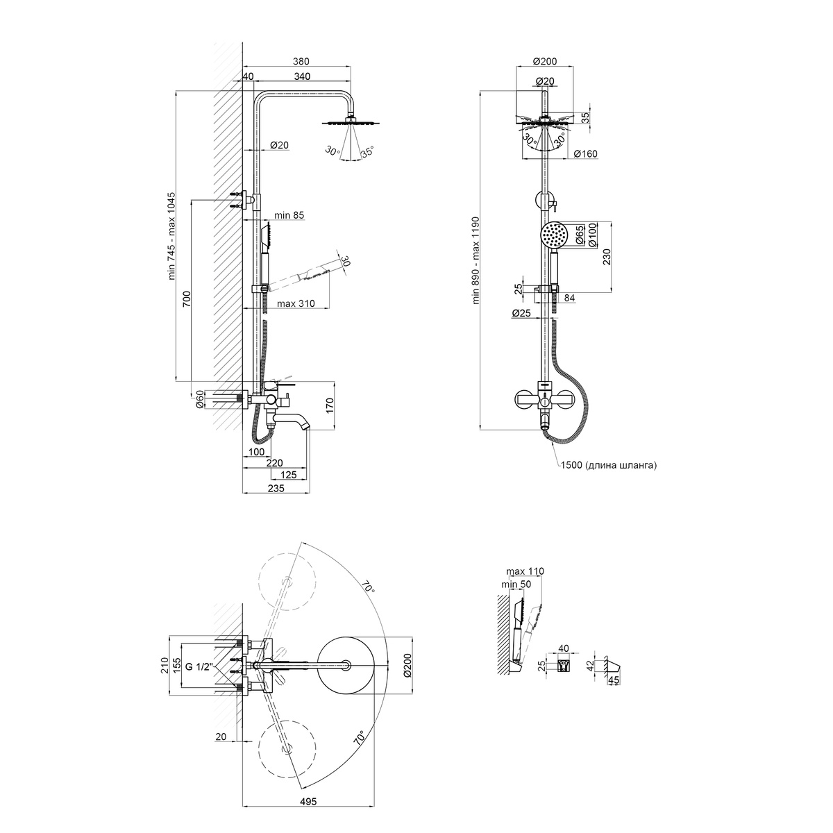 Душова система LIDZ із верхнім душем та виливом із нержавіючої сталі сатин LIDZNKS113100615
