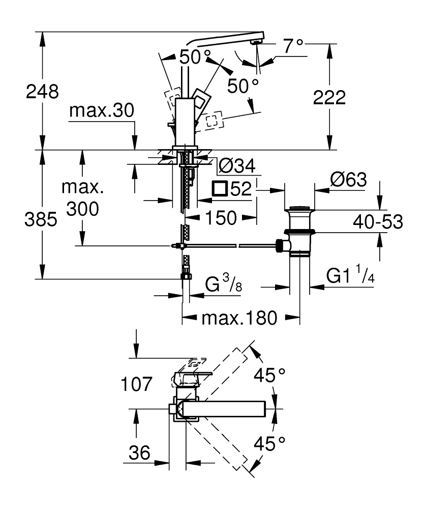 Змішувач для умивальника одноважільний GROHE Eurocube хром латунь з донним клапаном 2313500E