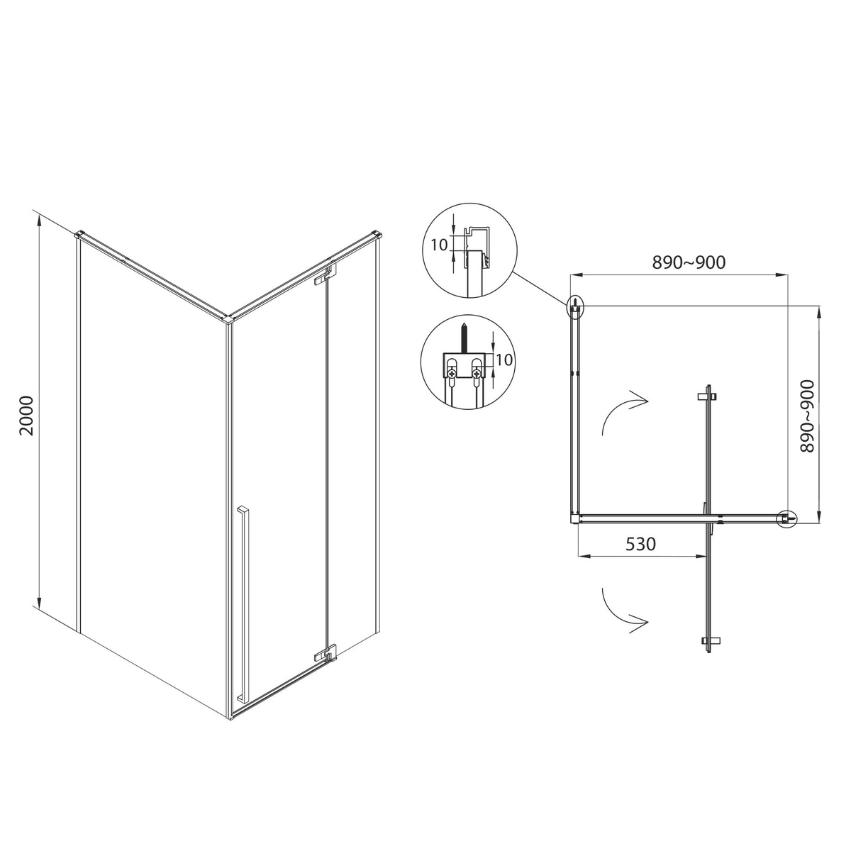 Кабина для душа квадратная угловая левая без поддона EGER FREEZ 90x90x200см прозрачное стекло 8мм профиль хром 599-180L/1(2коробки)