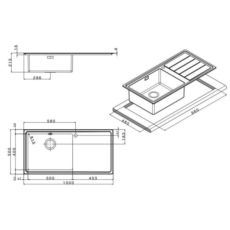 Кухонная мойка нержавейка прямоугольная APELL 500мм x 1000мм матовая 0.9мм с сифоном LNP1001FLBC