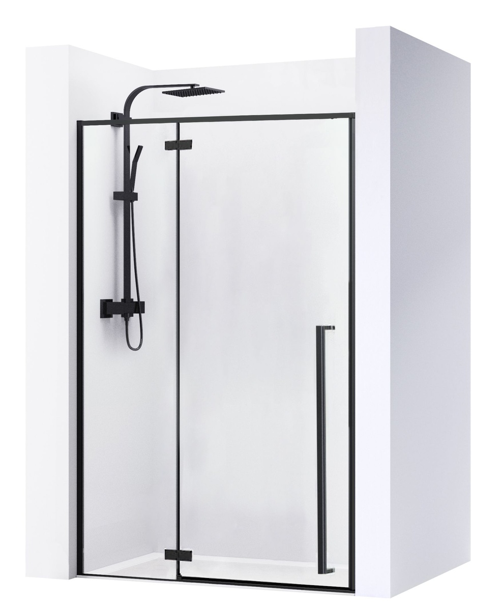 Двері скляні для душової ніші універсальні розпашні двосекційні REA FARGO 195x100см прозоре скло 6мм профіль чорний REA-K6330