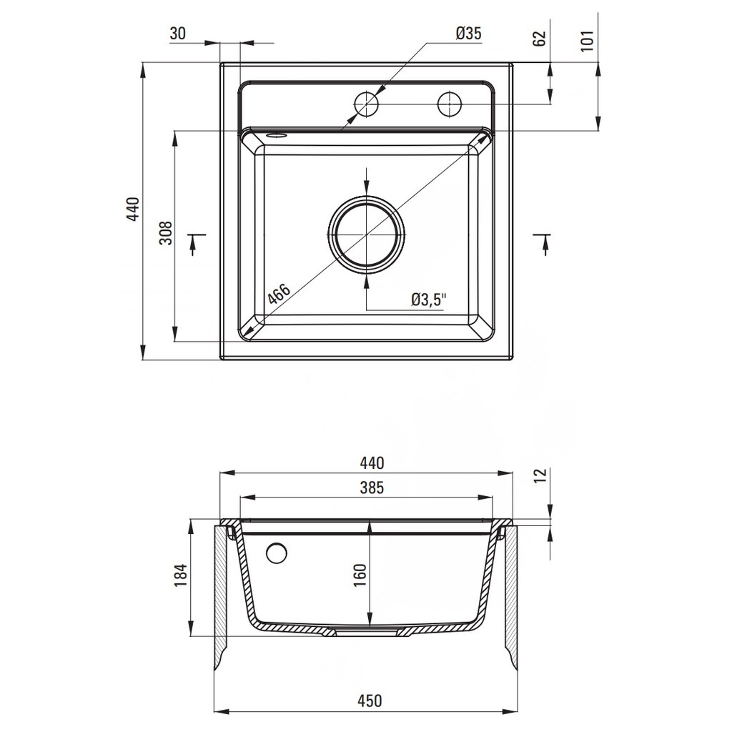 Мойка для кухни гранитная квадратная DEANTE Zorba 440x440x184мм с сифоном черная ZQZ_N103