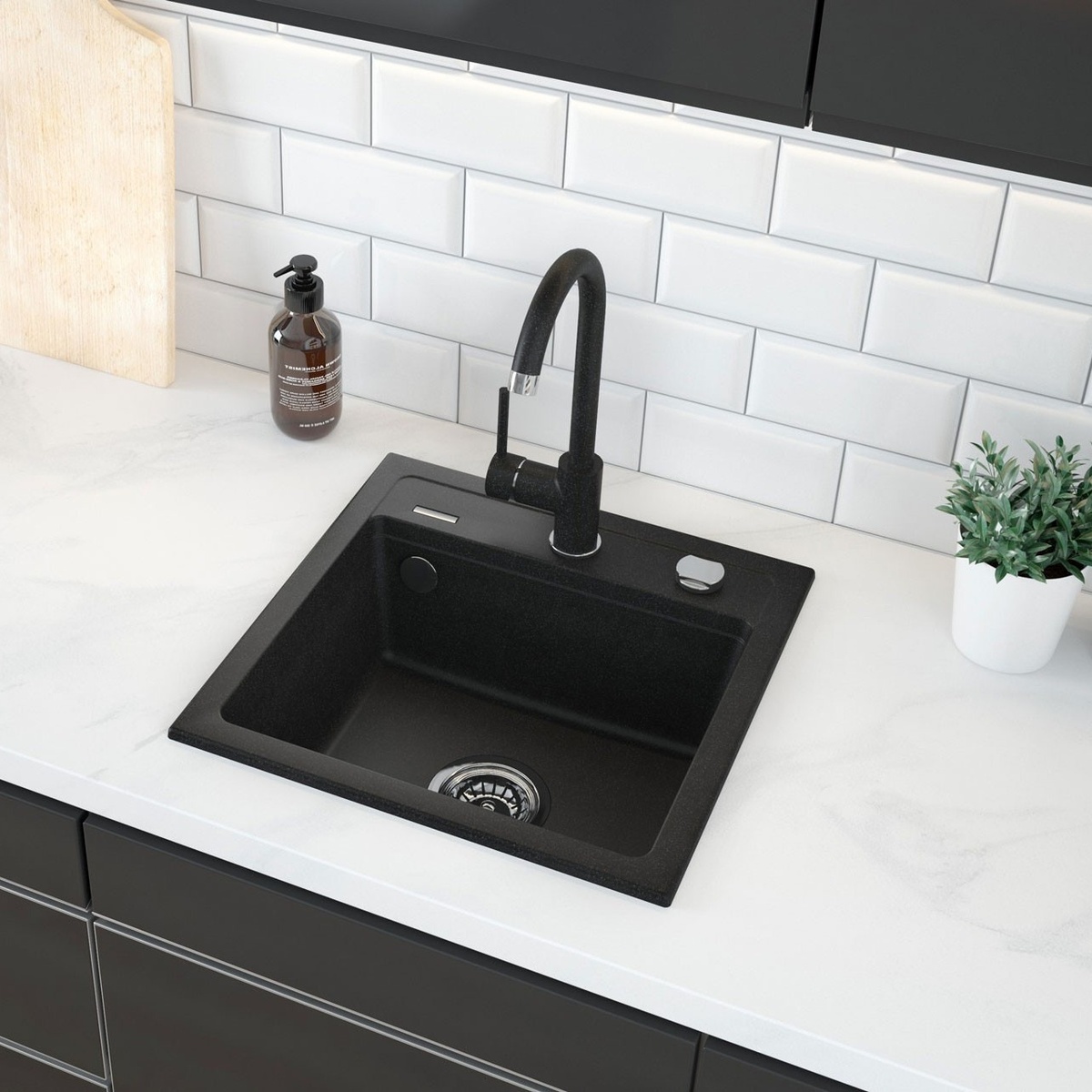 Мийка для кухні гранітна квадратна DEANTE Zorba 440x440x184мм із сифоном чорна ZQZ_N103