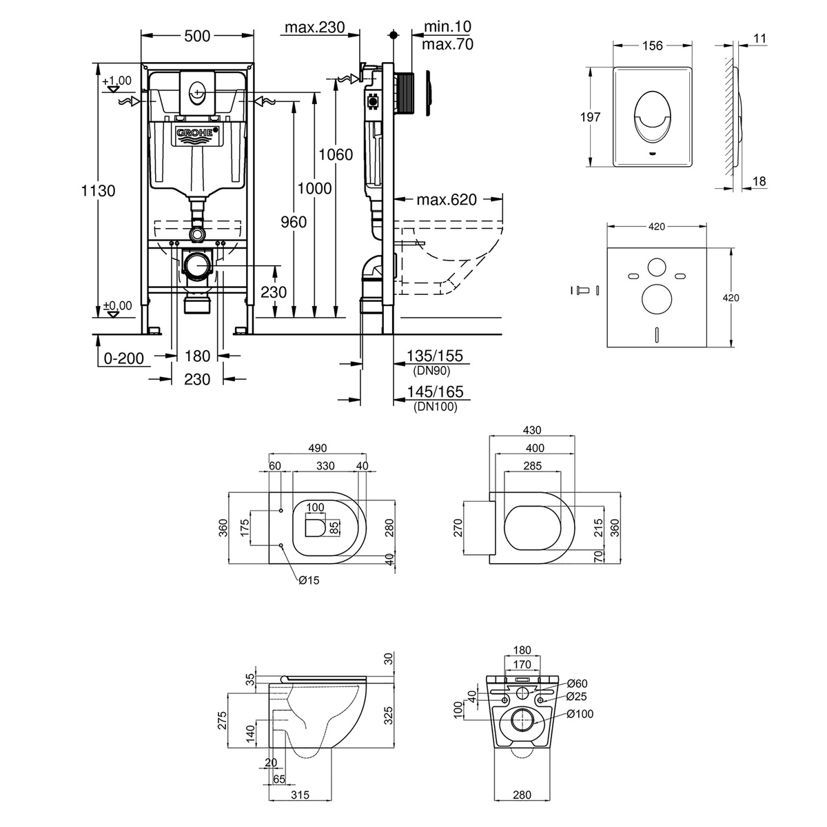 Комплект инсталляции GROHE Rapid SL кнопка хром безободковый унитаз Q-TAP с крышкой микролифт дюропласт 38721001QT1333046ENRMB