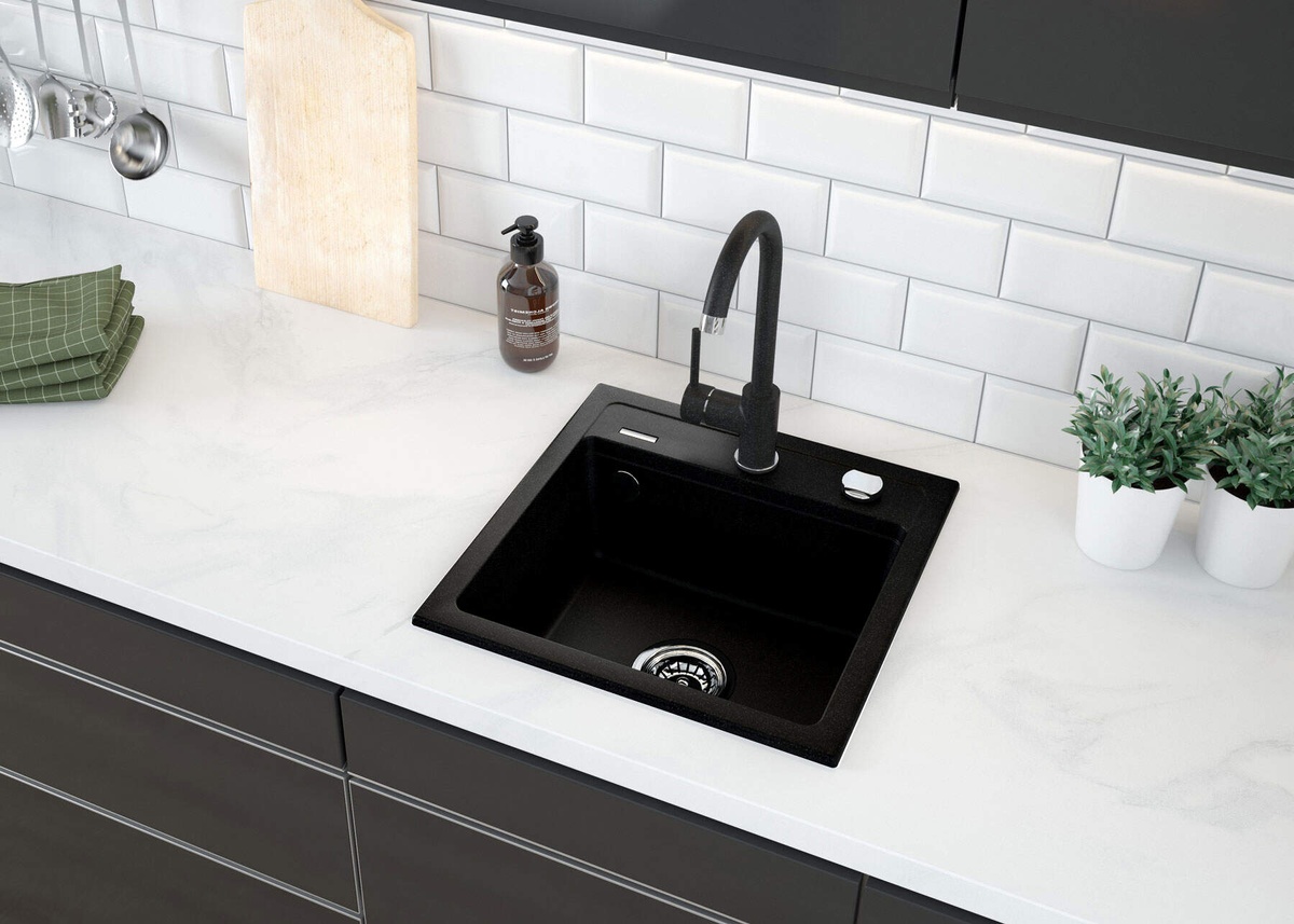 Мийка для кухні гранітна квадратна DEANTE Zorba 440x440x184мм із сифоном чорна ZQZ_N103