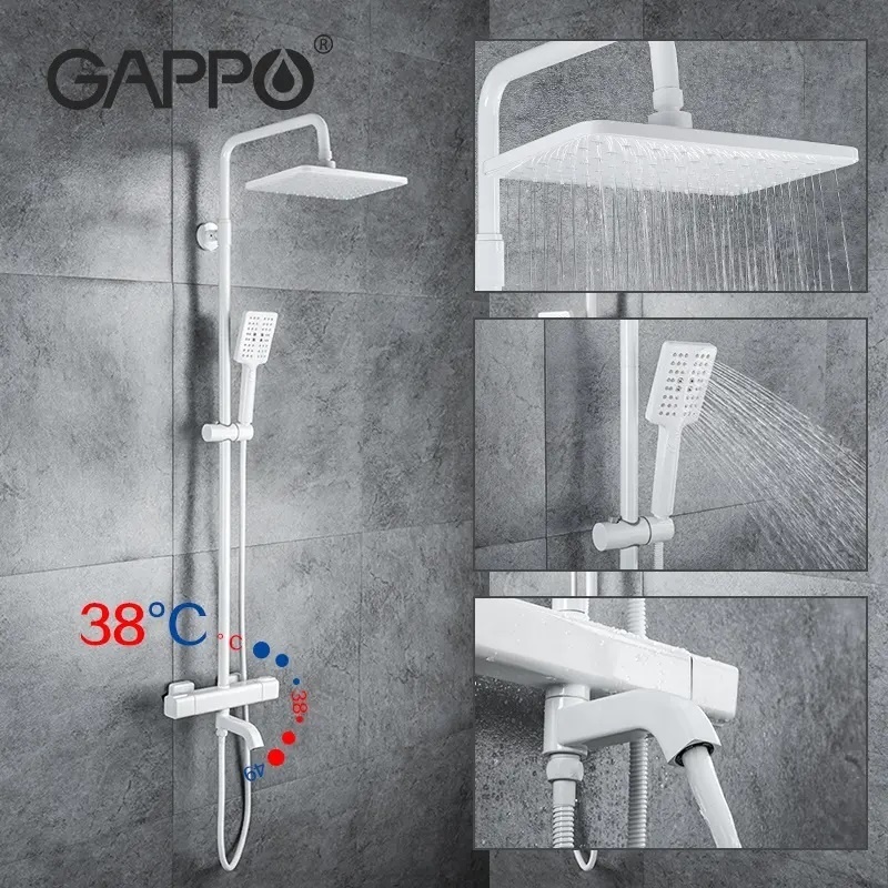 Душова система із термостатом GAPPO із верхнім душем та виливом латунна біла G2491-8
