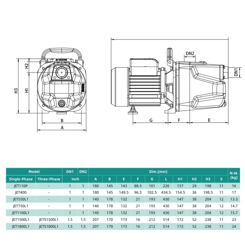 Насос поверхностный SHIMGE центробежный JET1500L1 1500Вт 5.4м³/ч Hmax 55м SQ-1047114