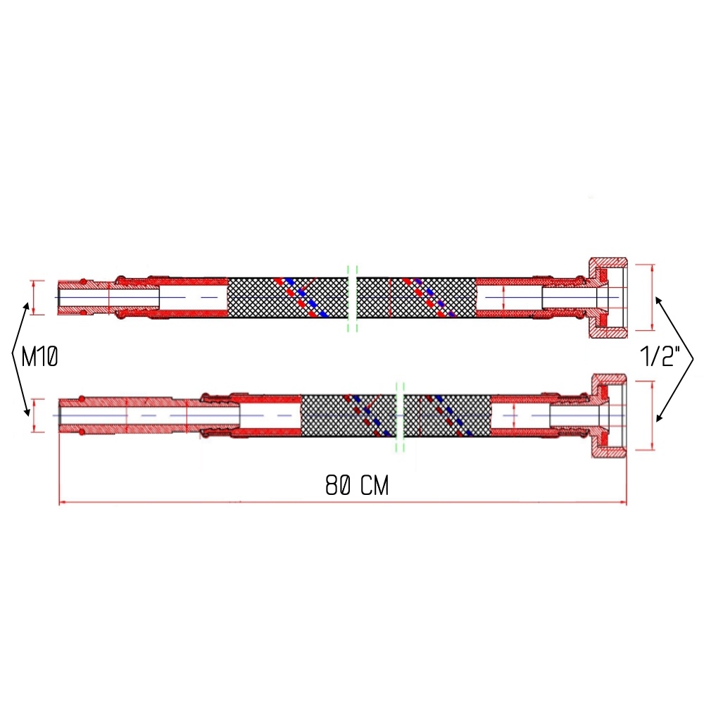 Шланг водопроводный для подключения SANDI FORTE нр-вн M10x1/2" 80 см нержавеющая оплетка с силиконом SF380W80
