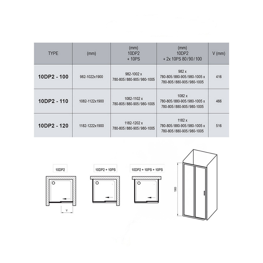 Двері для душової ніші RAVAK 10° DP2-100 скляні універсальні розсувні двосекційні 190x100см прозорі 6мм профіль білий 0ZVA0100Z1