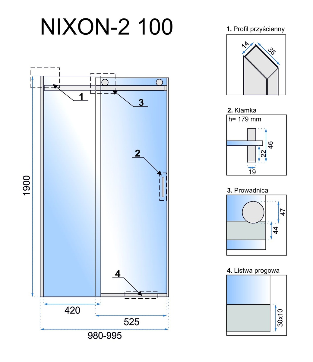 Двері скляні для душової ніші розсувні двосекційні REA NIXON-2 190x100см прозоре скло 8мм профіль хром REA-K5012