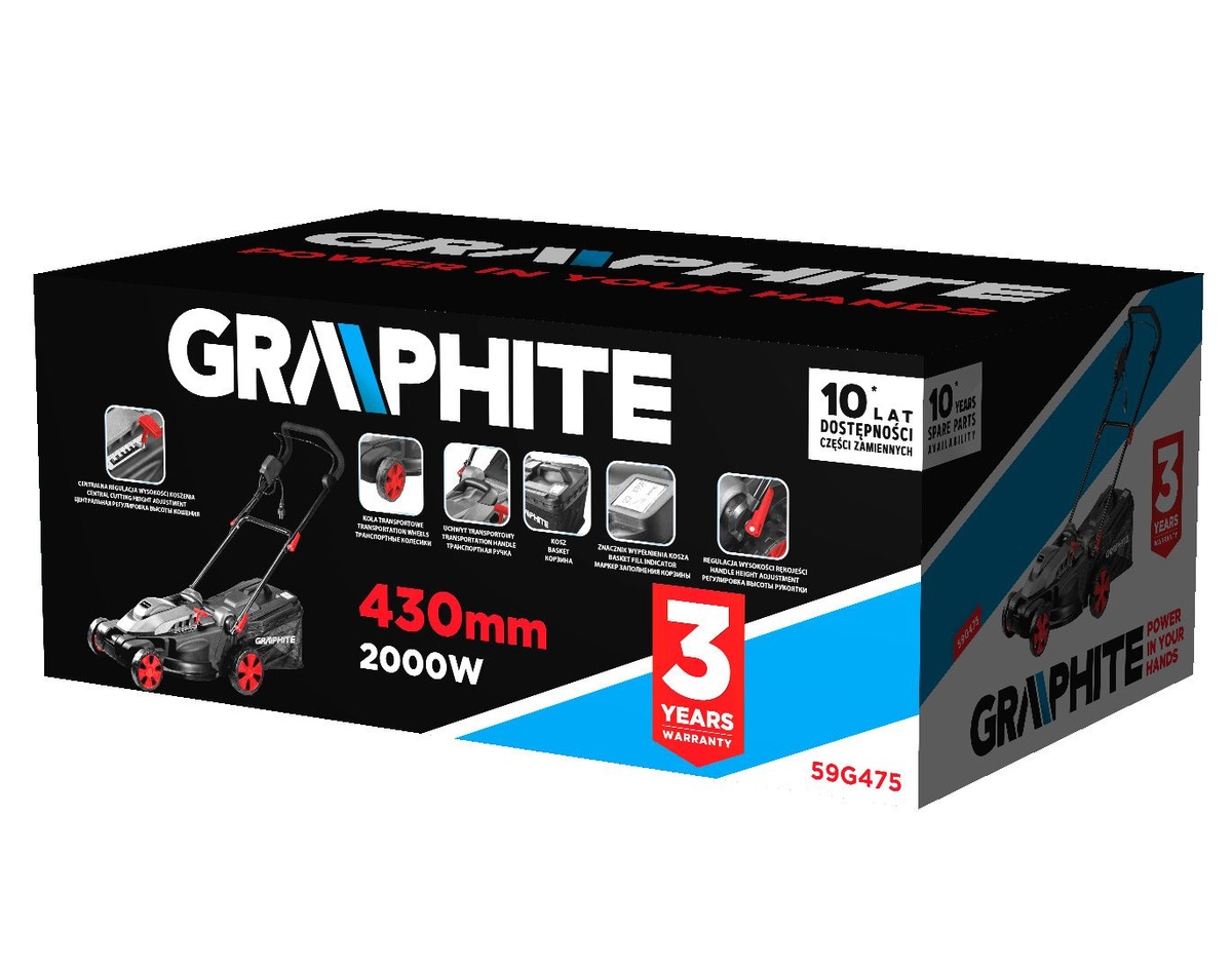 Газонокосилка GRAPHITE 2000Вт 43см 45л 20-70мм 14кг