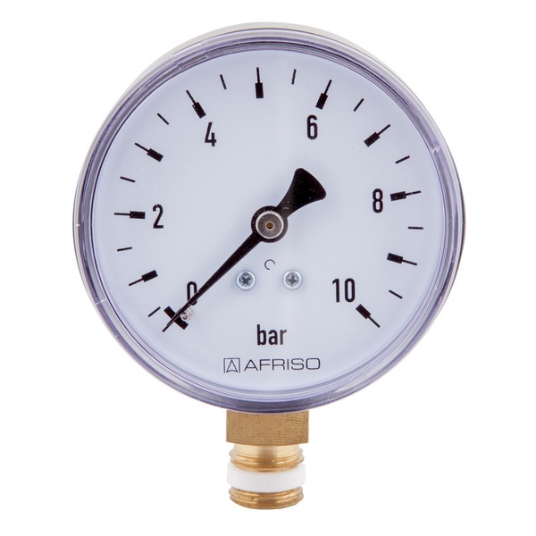 Манометр для тиску води AFRISO RF на 10 бар з нижнім підключенням 1/4" корпус Ø63 мм 85115201