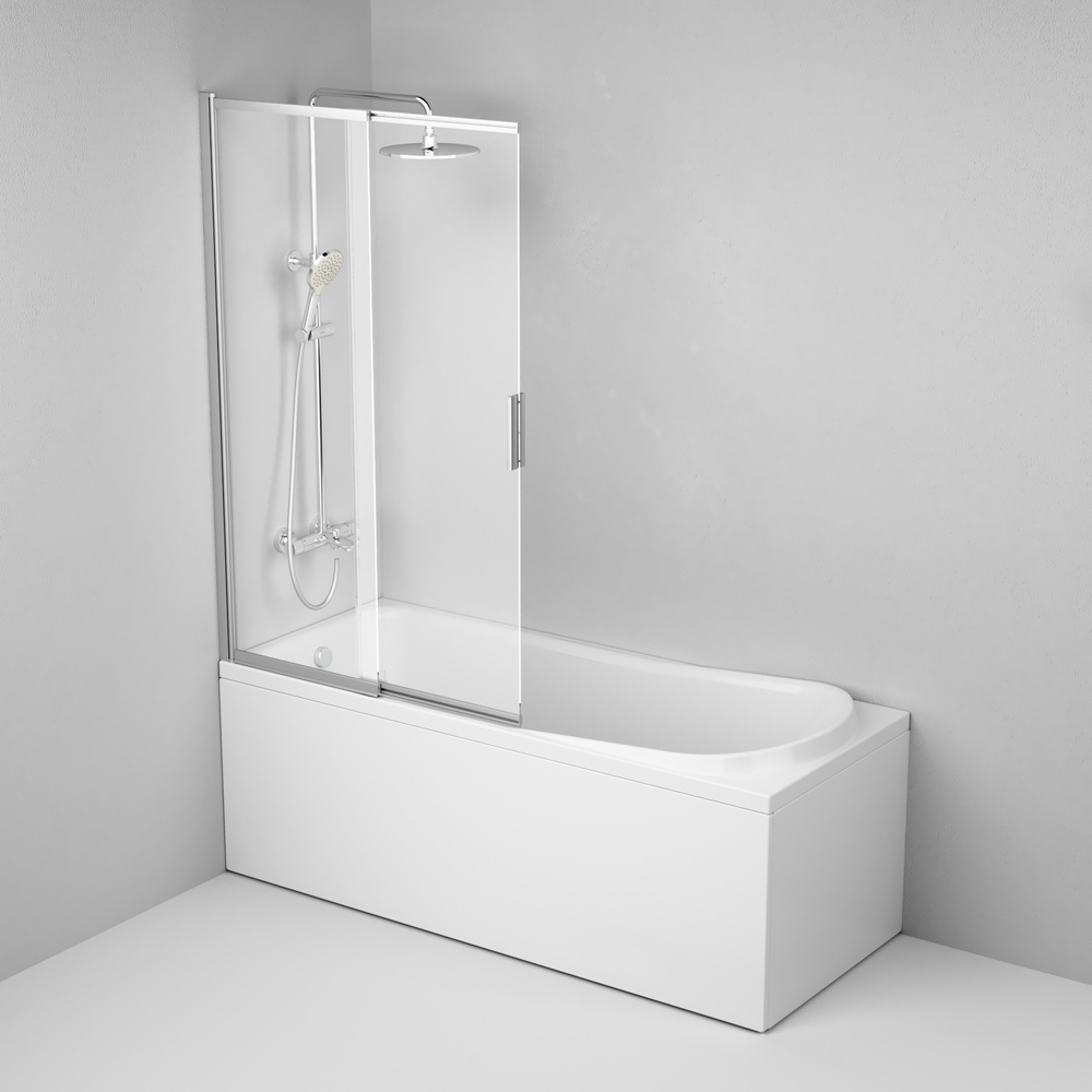 Стенка стеклянная для ванны оборачиваемая двухсекционная раздвижная 150см x 100.5см AM.PM стекло прозрачное 4мм профиль матовый хром WU80S-100PS-150MT
