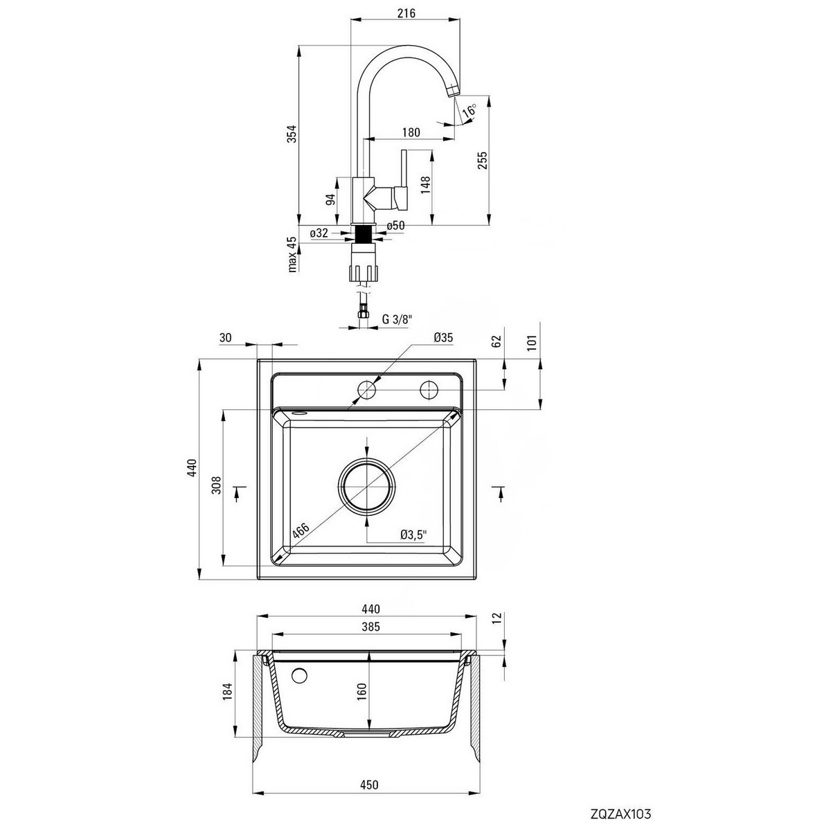 Мийка для кухні гранітна квадратна DEANTE Zorba&Nemezja 440x440x184мм із сифоном із комплектом сіра ZQZA2103