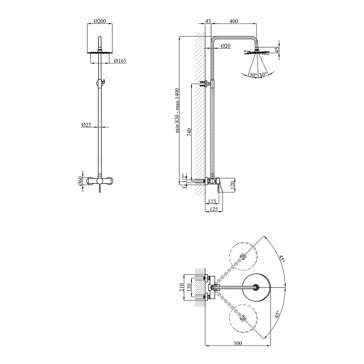Душова система KRONER Edelstahl Klassisch із верхнім душем із нержавіючої сталі сатин CV029549