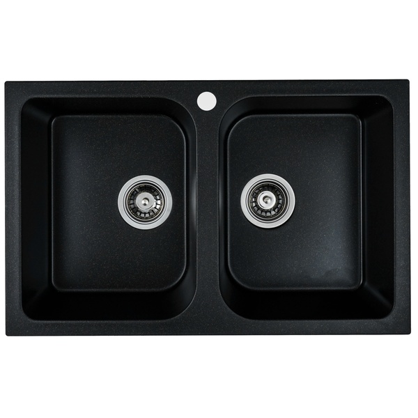 Мийка для кухні гранітна прямокутна PLATINUM 7648W TWIN 760x480x180мм без сифону на дві чаші чорна PLS-A27949