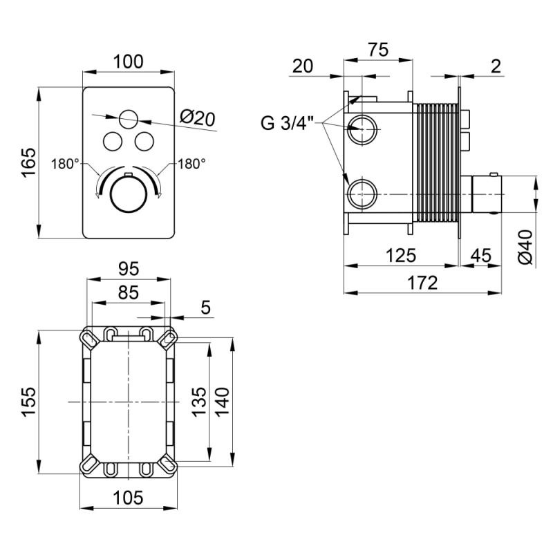Змішувач вбудований термостатичний для ванної на 3 канали Q-TAP Votice хром латунь 105мм QTVOT6443T105NKC