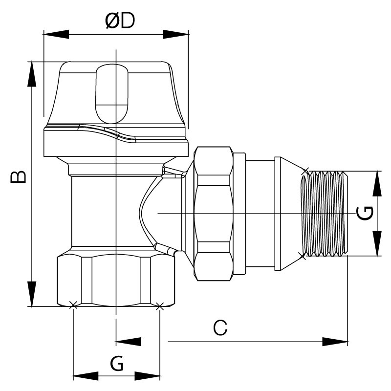 Термостатический радиаторный клапан KOER KR.921-GI угловой 3/4" с американкой KR2683