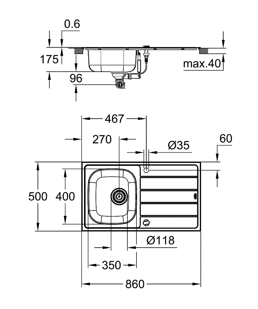 Мойка для кухни из нержавеющей стали прямоугольная GROHE 860x500x175мм матовая 0.6мм с сифоном в комплекте 31562SD1