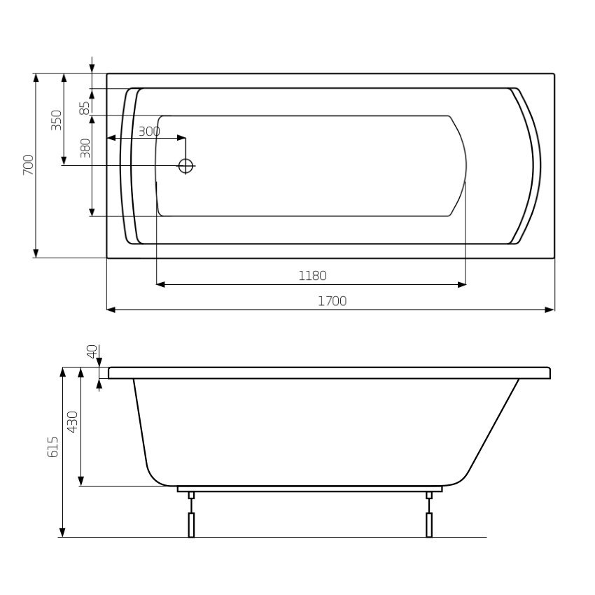 Ванна акриловая прямоугольная ROCA LINEA 170см x 70см оборачиваемая с ножками A24T034000
