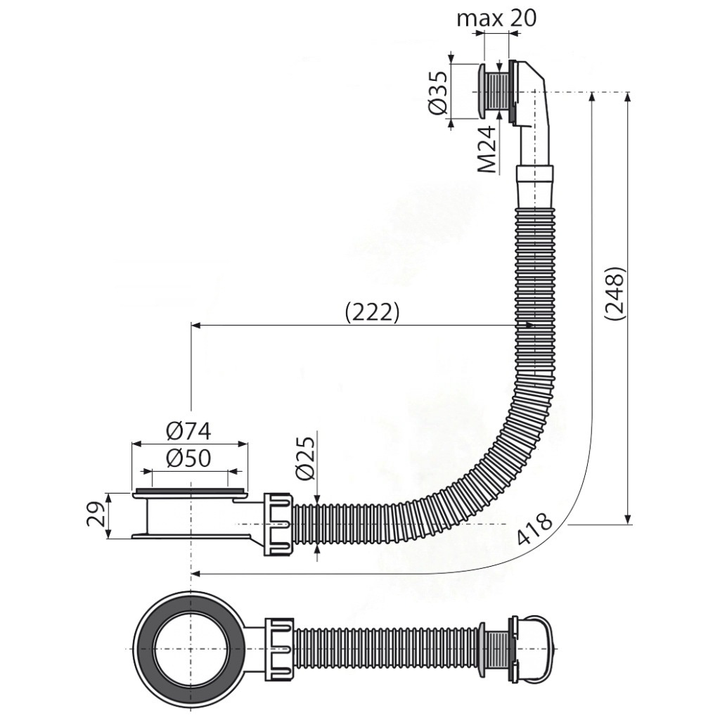 Слив для сифона ALCAPLAST 74мм с круглым переливом пластик 1 1/2" хром A328CR