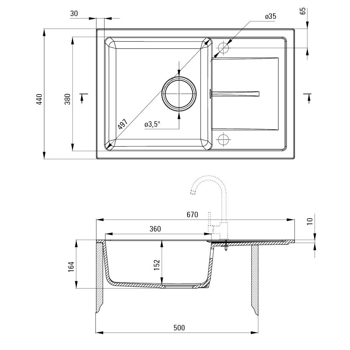 Мойка для кухни DEANTE гранитная Leda 670x440мм прямоугольная врезная с сифоном графит ZRD_2113