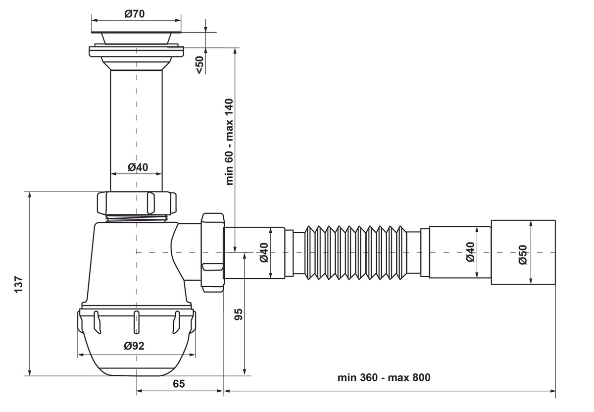 Сифон для кухонной мойки KRONOPLAST М-1050 впуск 70 мм белый SM11000043