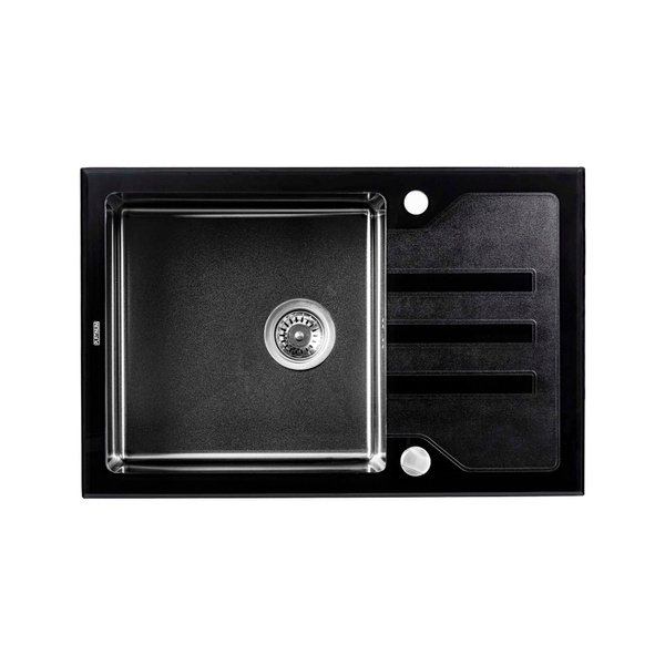 Мойка для кухни из нержавеющей стали прямоугольная PLATINUM Handmade PVD BLACK GLASS 780x510x200мм глянцевая 1.5мм черная с сифоном PLS-A34808