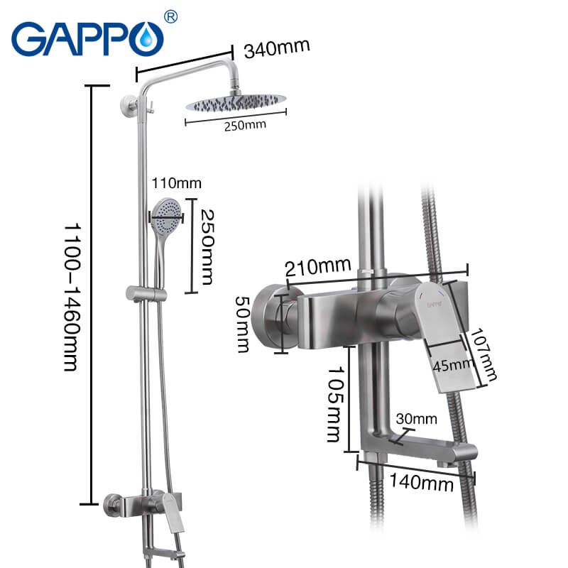 Душевая система GAPPO Satenresu-ko G2499-20 с верхним душем и изливом из нержавеющей стали сатин 1034069