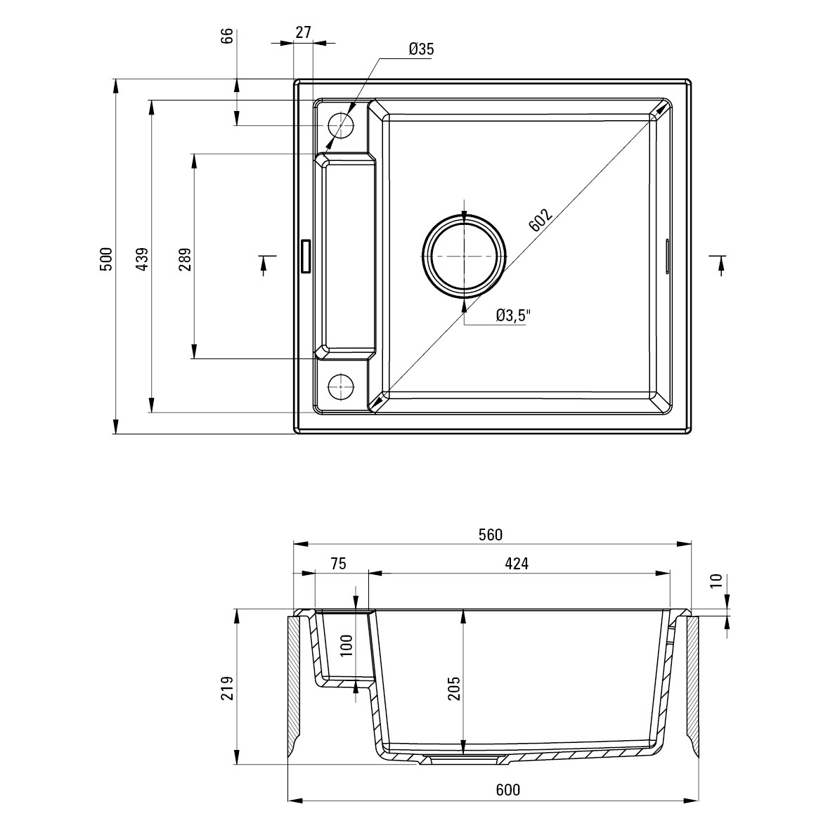 Мойка для кухни гранитная прямоугольная DEANTE Magnetic 560x500x219мм с сифоном серая ZRM_T103