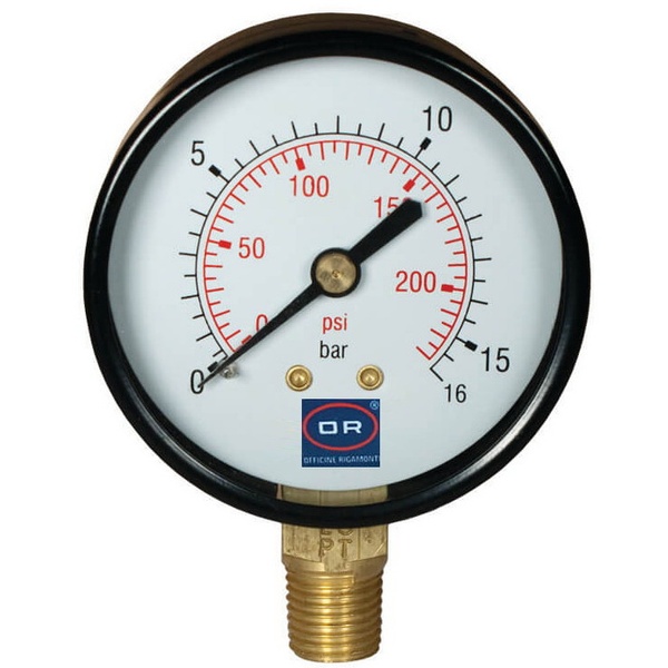 Манометр для тиску води OFFICINE RIGAMONTI на 16 бар з нижнім підключенням 1/4" корпус Ø63 мм 0301.016