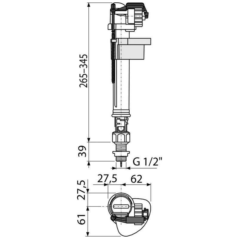 Впускний механізм для бачка унітазу ALCAPLAST підключення 1/2" нижнє підведення води A17-1/2"